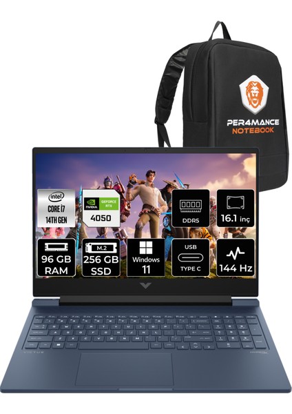 Victus 16 Intel Core I7 14700HX 96GB 256GB SSD RTX4050/6GB 144Hz 16.1" Fhd W11P Taşınabilir Bilgisayar & Per4 Çanta 9J253EAPN416