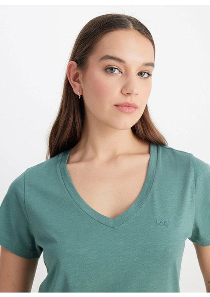 V Yaka Haki Kadın T-Shirt L41JEN801-BISIKLET Yaka T-Shirt modelleri