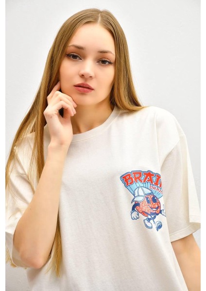 Brain Baskı Ekru T-Shirt modelleri