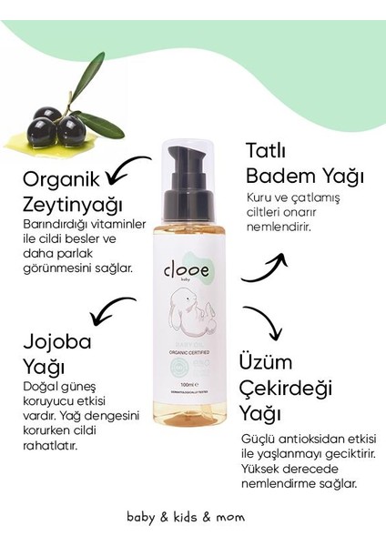 Organik Bebek Yağı (100ml) - Zeytinyağı, Badem Yağı, Jojoba Yağı - Yenidoğan Kullanımına Uygun