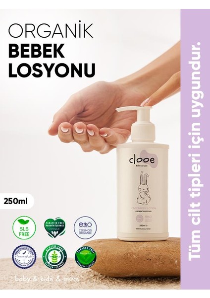 Organik Bebek Losyonu (250ml) - Argan Yağı, Zeytinyağı, Huş, Gül Suyu - Yenidoğan Kullanımına Uygun