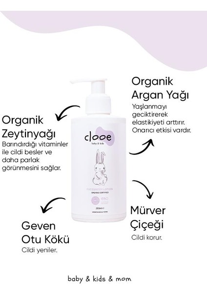 Organik Bebek Losyonu (250ml) - Argan Yağı, Zeytinyağı, Huş, Gül Suyu - Yenidoğan Kullanımına Uygun