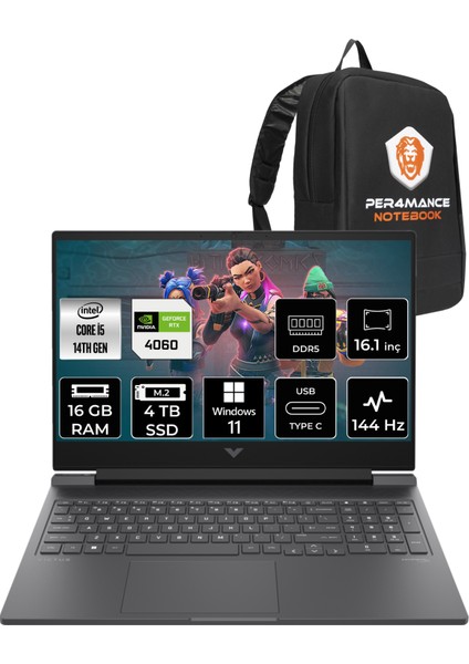Victus 16 Intel Core I5 14500HX 16GB 4tb SSD RTX4060/8GB 144Hz 16.1" Fhd W11P Taşınabilir Bilgisayar & Per4 Çanta 9J238EAPN350
