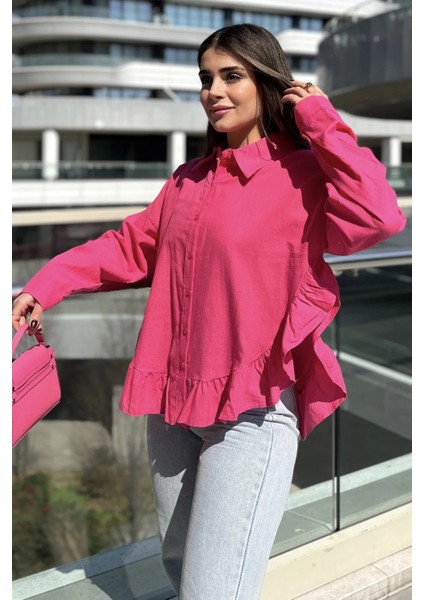 Kadın Fuşya Eteği Fırfır ve Yırtmaç Detaylı, Terletmez Rahat Kumaş, Salaş Gömlek