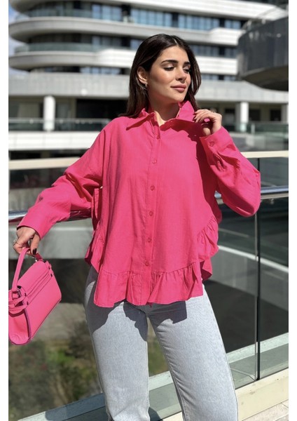 Kadın Fuşya Eteği Fırfır ve Yırtmaç Detaylı, Terletmez Rahat Kumaş, Salaş Gömlek fiyatları