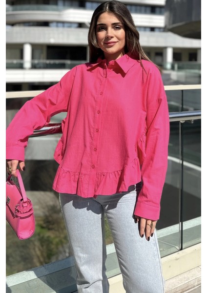 Kadın Fuşya Eteği Fırfır ve Yırtmaç Detaylı, Terletmez Rahat Kumaş, Salaş Gömlek modelleri