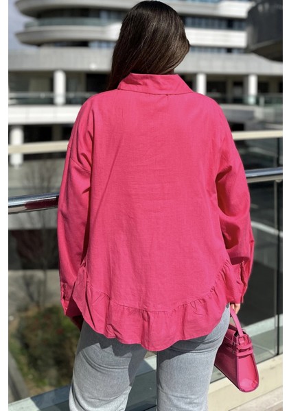 Kadın Fuşya Eteği Fırfır ve Yırtmaç Detaylı, Terletmez Rahat Kumaş, Salaş Gömlek fırsatları