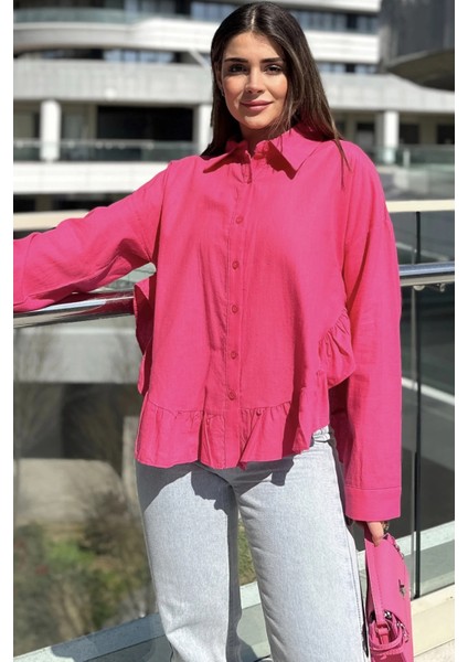 Kadın Fuşya Eteği Fırfır ve Yırtmaç Detaylı, Terletmez Rahat Kumaş, Salaş Gömlek indirimleri
