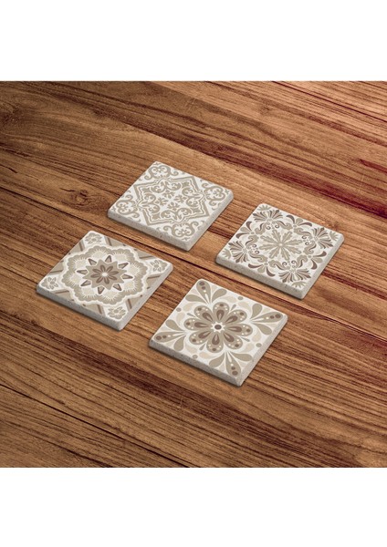 Bej Tile Desen, Mexican Talavera Doğal Taş Traverten Bardak Altlığı 4 Lü Set
