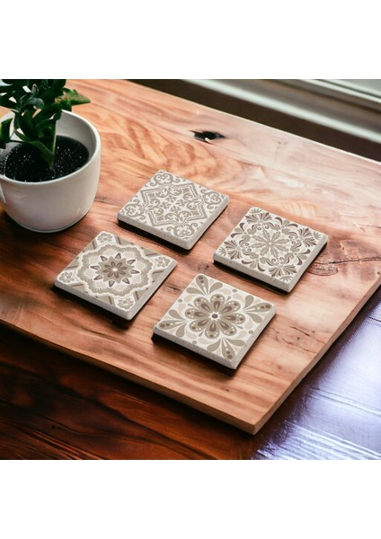 Bej Tile Desen, Mexican Talavera Doğal Taş Traverten Bardak Altlığı 4 Lü Set modelleri