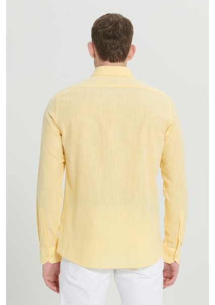Erkek Sarı Slim Fit Dar Kesim Düğmeli Yaka Keten Görünümlü %100 Pamuk Flamlı Gömlek