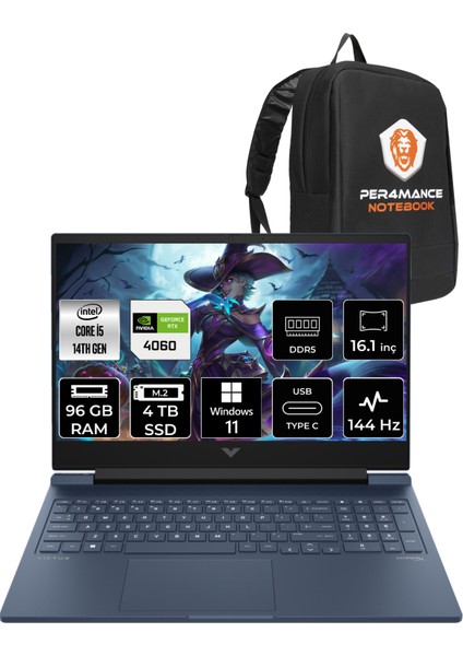 Victus 16 Intel Core I5 14500HX 96GB 4tb SSD RTX4060/8GB 144Hz 16.1" Fhd W11P Taşınabilir Bilgisayar & Per4 Çanta 9J260EAPN420