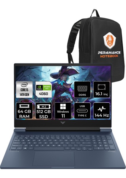 Victus 16 Intel Core I5 14500HX 64GB 512GB SSD RTX4060/8GB 144Hz 16.1" Fhd W11P Taşınabilir Bilgisayar & Per4 Çanta 9J251EAPN412