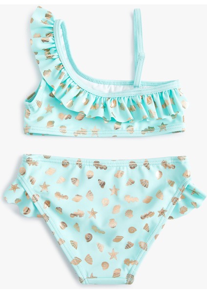 Bikini Takımı Parlak Baskılı Fırfırlı Tek Omuz Ince Askılı