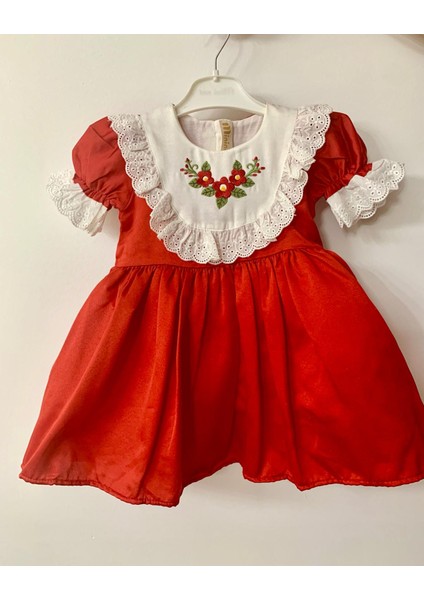 Kız Çocuk Bebek Fistolu Çiçek Nakışlı Astarlı Vintage Şık Bayram Doğumgünü Özel Gün Kırmızı Elbise modelleri