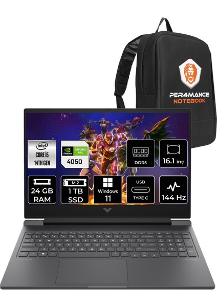 Victus 16 Intel Core I5 14500HX 24GB 1tb SSD RTX4050/6GB 144Hz 16.1" Fhd W11P Taşınabilir Bilgisayar & Per4 Çanta 9J259EAPN353