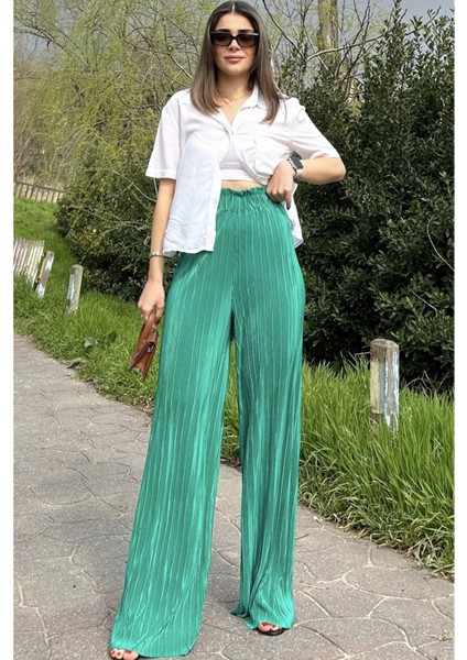 Kadın Yeşil Beli Lastikli, Yüksel Bel, Salaş Kesim, Bol Paça Bürümcük Pantolon