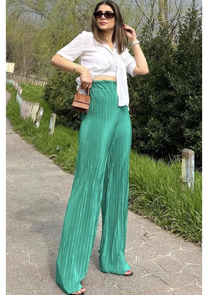 Kadın Yeşil Beli Lastikli, Yüksel Bel, Salaş Kesim, Bol Paça Bürümcük Pantolon fiyatları