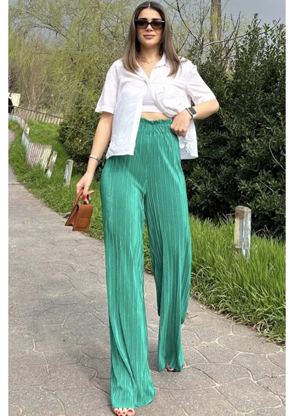 Kadın Yeşil Beli Lastikli, Yüksel Bel, Salaş Kesim, Bol Paça Bürümcük Pantolon modelleri