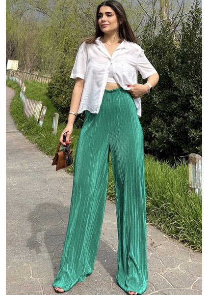 Kadın Yeşil Beli Lastikli, Yüksel Bel, Salaş Kesim, Bol Paça Bürümcük Pantolon fırsatları