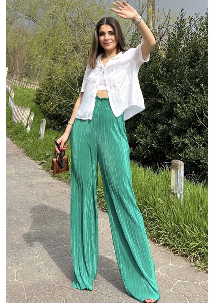 Kadın Yeşil Beli Lastikli, Yüksel Bel, Salaş Kesim, Bol Paça Bürümcük Pantolon indirimleri