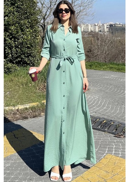 Kadın Mint Yeşil Kupra Kumaş, Uzun Kol, Beli Kuşaklı, Vucüda Oturan Kalıp, Uzun Gömlek Elbise