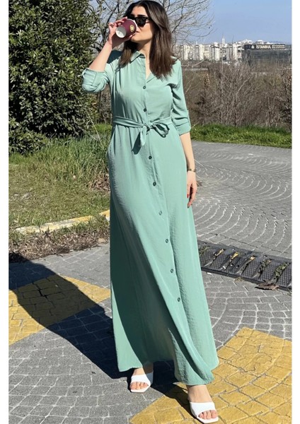 Kadın Mint Yeşil Kupra Kumaş, Uzun Kol, Beli Kuşaklı, Vucüda Oturan Kalıp, Uzun Gömlek Elbise fiyatları