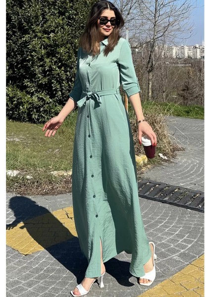 Kadın Mint Yeşil Kupra Kumaş, Uzun Kol, Beli Kuşaklı, Vucüda Oturan Kalıp, Uzun Gömlek Elbise modelleri