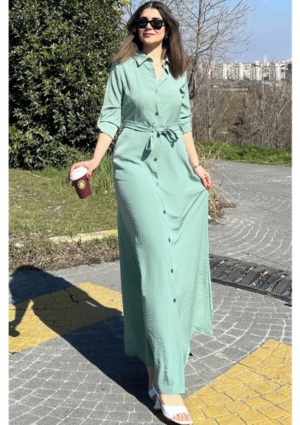 Kadın Mint Yeşil Kupra Kumaş, Uzun Kol, Beli Kuşaklı, Vucüda Oturan Kalıp, Uzun Gömlek Elbise fırsatları