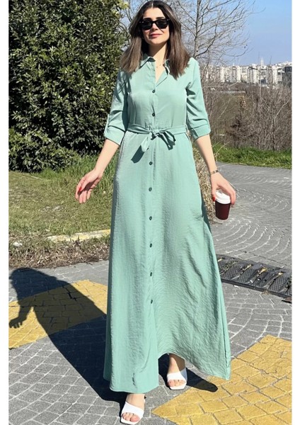Kadın Mint Yeşil Kupra Kumaş, Uzun Kol, Beli Kuşaklı, Vucüda Oturan Kalıp, Uzun Gömlek Elbise indirimleri