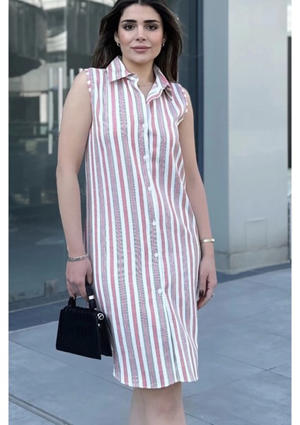 Kadın Gül Kurusu Çizgili Desen, Ithal Kumaş, Kolsuz, Rahat Kesim, Midi Gömlek Elbise