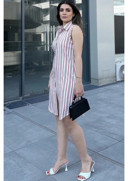 Kadın Gül Kurusu Çizgili Desen, Ithal Kumaş, Kolsuz, Rahat Kesim, Midi Gömlek Elbise fiyatları