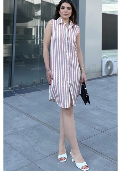 Kadın Gül Kurusu Çizgili Desen, Ithal Kumaş, Kolsuz, Rahat Kesim, Midi Gömlek Elbise modelleri
