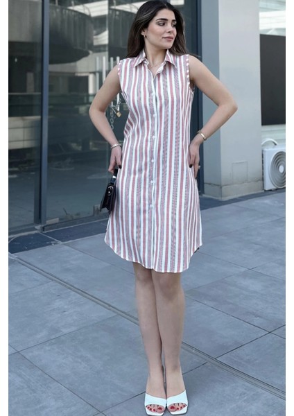 Kadın Gül Kurusu Çizgili Desen, Ithal Kumaş, Kolsuz, Rahat Kesim, Midi Gömlek Elbise fırsatları