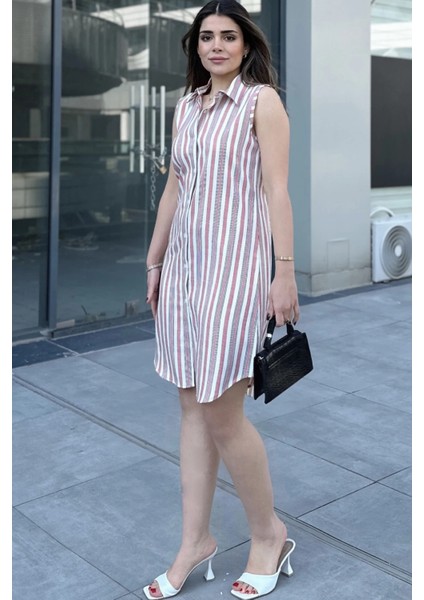 Kadın Gül Kurusu Çizgili Desen, Ithal Kumaş, Kolsuz, Rahat Kesim, Midi Gömlek Elbise indirimleri