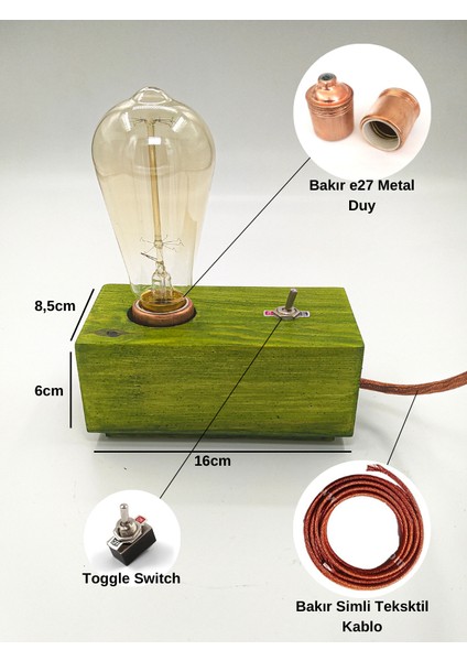 Ahşap Rustik Masa Lambası Klasik Model-Orman Yeşili