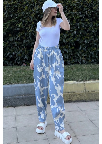 Kadın Mavi Beli Lastikli, Cepli, Desenli Gabardin Kumaş, Salaş Pantolon