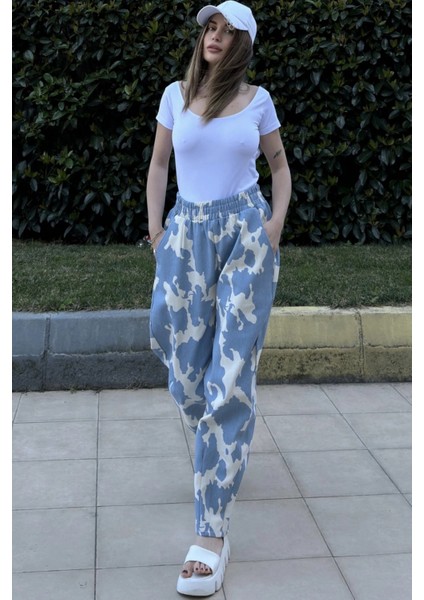 Kadın Mavi Beli Lastikli, Cepli, Desenli Gabardin Kumaş, Salaş Pantolon fiyatları