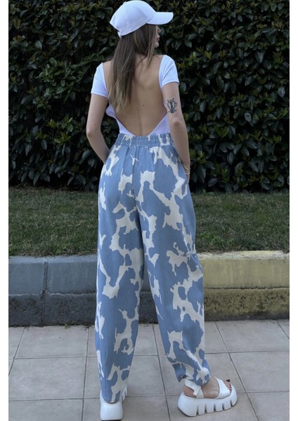 Kadın Mavi Beli Lastikli, Cepli, Desenli Gabardin Kumaş, Salaş Pantolon modelleri