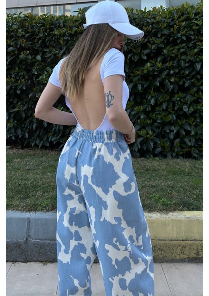 Kadın Mavi Beli Lastikli, Cepli, Desenli Gabardin Kumaş, Salaş Pantolon indirimleri