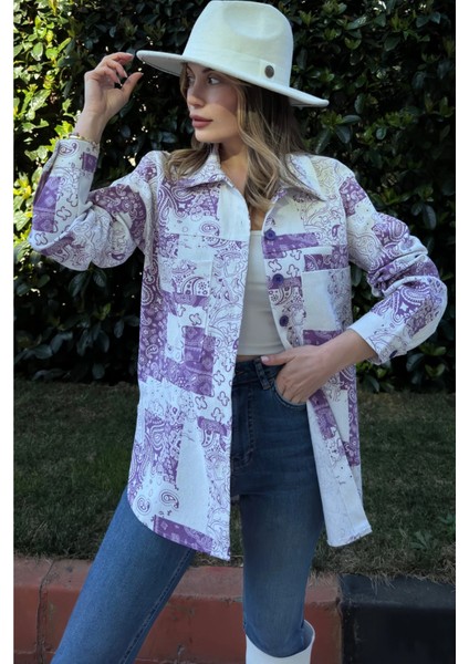Kadın Mor Desenli Gabardin Kumaş, Eteği Oval Kesim, Cepli, Oversize Gömlek