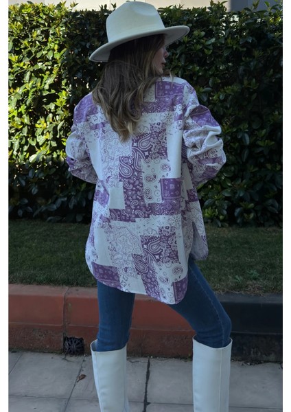 Kadın Mor Desenli Gabardin Kumaş, Eteği Oval Kesim, Cepli, Oversize Gömlek modelleri