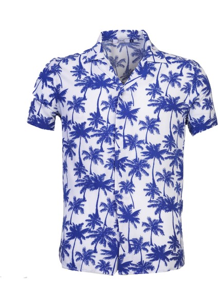 Beyaz Üzerine Mavi Hawaii Palmiye Dijital Baskı Oversize Rahat Kesim Kısa Kollu Salaş Gömlek