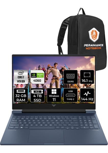 Victus 16 Intel Core I7 14700HX 32GB 4tb SSD RTX4060/8GB 144Hz 16.1" Fhd W11P Taşınabilir Bilgisayar & Per4 Çanta 9J235EAPN400