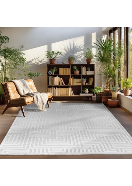 Carpettex Halı Kabartmalı Yumuşak Geometrik Desenli Iskandinav Bohem Tarzı Halı Gümüş Tonlarında