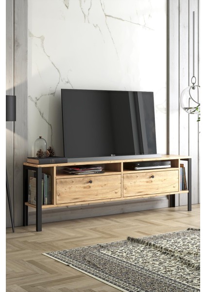 Wood'n Love Atlanta Metal Ayaklı Dolaplı 180 cm Tv Geniş Ünitesi - Atlantik Çam / Siyah