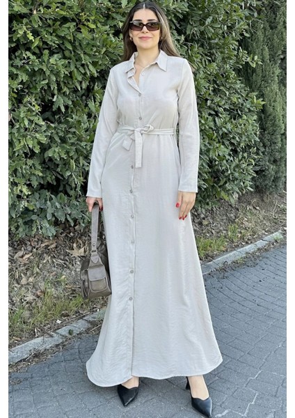 Kadın Ekru Kupra Kumaş, Uzun Kol, Beli Kuşaklı, Vucüda Oturan Kalıp, Uzun Gömlek Elbise modelleri