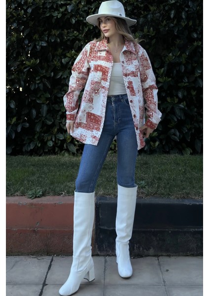 Kadın Kırmızı Desenli Gabardin Kumaş, Eteği Oval Kesim, Cepli, Oversize Gömlek fiyatları