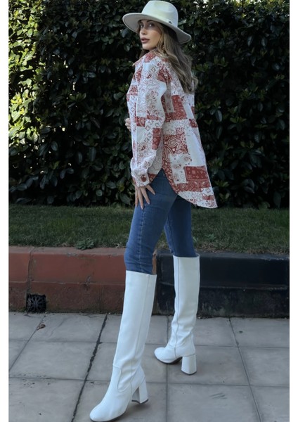 Kadın Kırmızı Desenli Gabardin Kumaş, Eteği Oval Kesim, Cepli, Oversize Gömlek modelleri