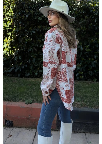 Kadın Kırmızı Desenli Gabardin Kumaş, Eteği Oval Kesim, Cepli, Oversize Gömlek indirimleri